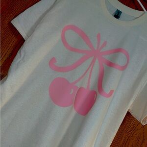 Beige shirt with pink cherry coquette bow